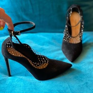 Tamara Mellon Black Frost Suede Ankle Strap Pumps